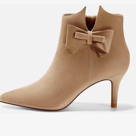 Ermonn  Pointed Toe Ankle Boots Stiletto Heels Side Zipper Bow Faux Suede Boots - Picture 2 of 7